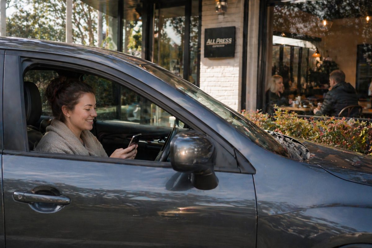 Customer placing a café takeaway order on their phone before walking in