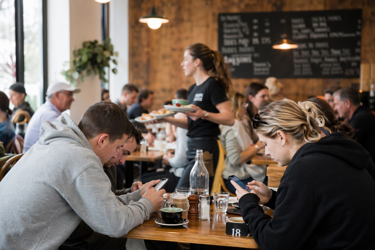 NZ café during Saturday morning rush, customers ordering on phones at tables