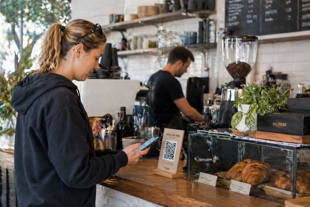 Customer ordering from NZ café menu on their phone at the counter