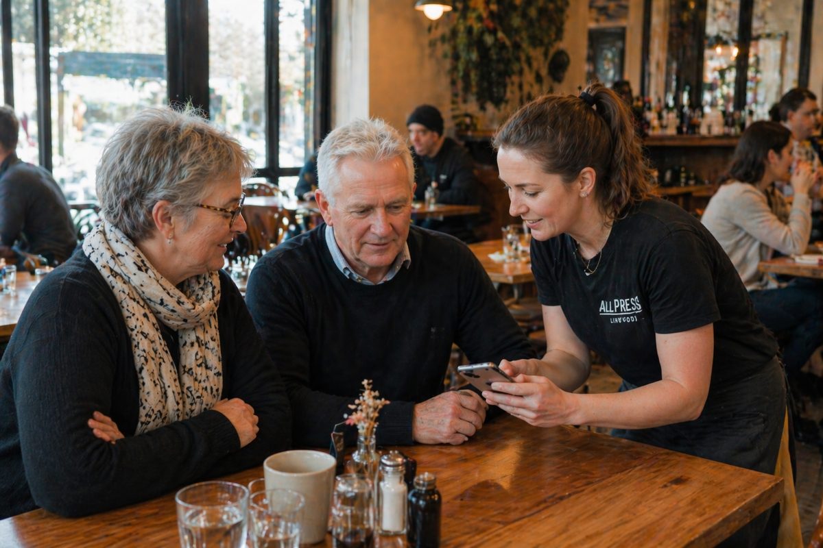 Café server using phone to take table order for customers